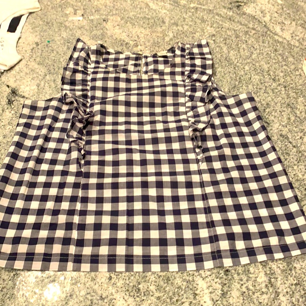 J. Crew Factory Navy & White Gingham Ruffle Sleeve Top
